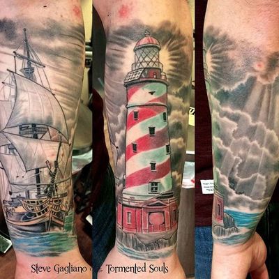 Nautical tattoo by Steve Gagliano #tormentedsouls #stevegagliano #halfsleeve #lighthouse #ship #sea #nautical #ny