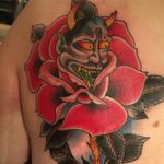 Hannya rose tattoo by Chris Nunez #ChrisNunez #color #traditional #Japanese #mashup #Hannya #mask #hannyamask #demon #yokai #ghost #rose #flower #leaves #plant #nature