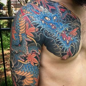 Killer dragon sleeve via Johan Svahn's (IG—johansvahntattooing) portfolio. #colorful #detailed #dragon #Irezumi #JohanSvahn #traditional