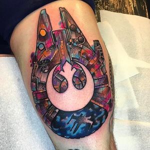 An amazing detailed tattoo of Han Solo's Millennium Falcon from the Star Wars saga. #littleandy #millenniumfalcon #starwars #surreal #galactic