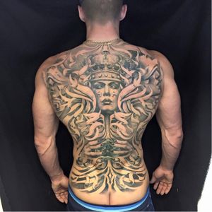 Impressive back tattoo by Christian Boye Larsen #ChristianBoyeLarsen #chicano #realistic #blackandgrey #filigree
