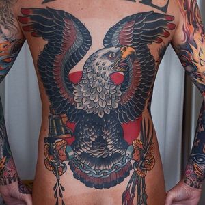 Solid looking neo traditional eagle back piece tattoo by Peter Lagergren. #neoTraditional #eagle #PeterLagergren