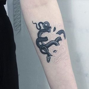 Tattoo by Mirko Sata. #MirkoSata #whiteink #serpent #snake