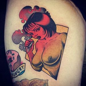 Woman smoking tattoo by Onnie O'Leary. #cigarette #smoking #smoke #onnieoleary #nsfw