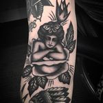Classic girl rose tattoo by Bradley Kinney. Keeping it classy with just black! #bradleykinney #DanaPointTattoo #traditional #bold #blackwork #rose #girl