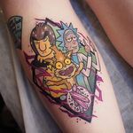 The best crew tattoo by Godfrey Atlantis #GodfreyAtlantis #rickandmortytattoos #rickandmorty #adultswim #color #cartoon #newtraditional #ricksanchez #mortysmith #crystals #lightning #birdperson #Squanchy
