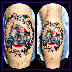 Vespa tattoo by Franziska Ziska Faulstich (via IG -- franziska_faulstich_) #FranziskaZiskaFaulstich #vespa #vespatattoo #scooter #scootertattoo