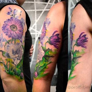 Colourful flower tattoo by Pete Zebley #PeteZebley #flower #flowers #realism #photorealism #realistic