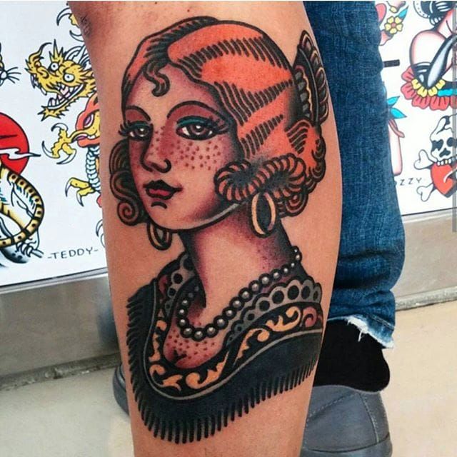 Tattoo uploaded by Xavier • Traditional American style tattoo by Ozzy  Ostby. #OzzyOstby #traditionalamerican #trads #traditional #woman #portrait  • Tattoodo