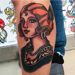 Traditional American style tattoo by Ozzy Ostby. #OzzyOstby #traditionalamerican #trads #traditional #woman #portrait