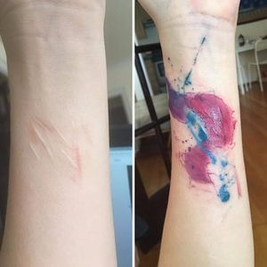 Abstract scar coverup tattoo of Alexis, via Buzzfeed. #abstract #selfharm #scar #watercolor