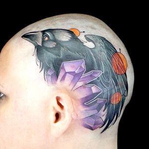 A badass tattoo of a raven by Kelly Doty for Ink Master's "Brains on Brains on Brains" challenge (IG—kellydotylovessoup). #chrystals #InkMaster #KellyDoty #NewSchool #Raven