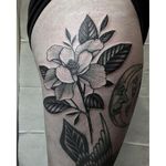 Blackwork magnolia tattoo by Justin Olivier. #blackwork #dotwork #magnolia #flower #JustinOlivier