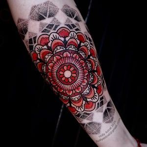 Mandala tattoo by Holly Astral #HollyAstral #mandala #dotwork #linework #coloredmandala #spiritual #symbolic
