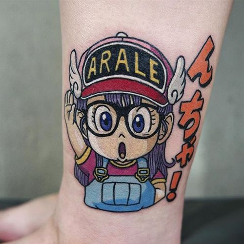 Arale Norimaki tattoo by Hyunki. #Hyunki #anime #dragonballz #arale #aralenorimaki #kawaii #cute #littlegirl #drslump