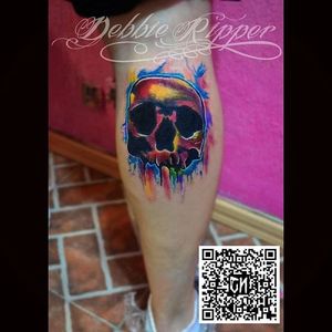 Multi-color watercolor skull tattoo by Debbie Ripper. #watercolor #DebbieRipper #skull #splatter #multicolor