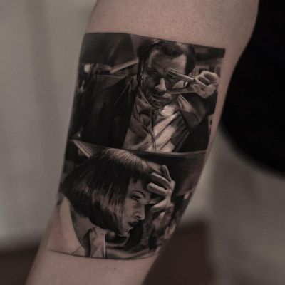 Pulp Fiction tattoo by Inal Bersekov #inalbersekov #movietattoos #blackandgrey #realism #realistic #hyperrealism #film #quentintarantino #PulpFiction #umathurman #johntravolta #tattoooftheday