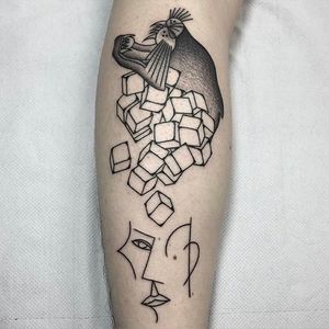 Animal, cubes and distorted face Tattoo by Caleb Kilby @CalebKilby #CalebKilby #CalebKilbyTattoo #Blackwork #Minimalist #Linework #Black #TwoSnakesTattoo #London #animal #cubes #face