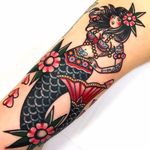 Dreamy lil mermaid gal by Dani Queipo #DaniQueipo #mermaid #newtraditional #folktraditional #folkart #color #pinup #mermaid #flowers #shells #hearts #butterfly #anchor #dotwork #tattoooftheday