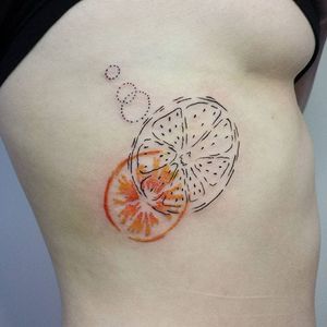 Abstract watercolor linework orange tattoo by Aline Wata.  #orange #citrus #fruit #abstract #watercolor #linework #AlineWata