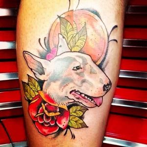 Bull terrier tattoo by El Pompa Tattooer. #neotraditional #rose #dog #bullterrier #ElPompaTattooer