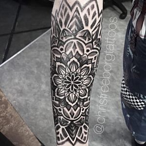 Mandala tattoo #ChrisFreeborg #mandala #blackandgrey #forearm