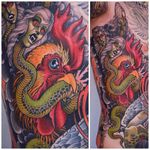 Rooster biting on a girl headed snake, rad side tattoo by Peter Lagergren. #neotraditional #rooster #snake #girl #peterlagergren #PeterLagergren