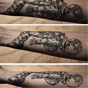 Astronaut tattoo by Candelaria Tattoo. #blackwork #astronaut #space