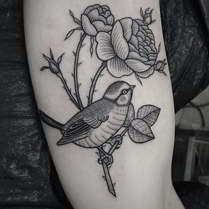 Nice piece by Suflanda #Suflanda #flower #bird #scrimshaw #blackwork #tattoooftheday