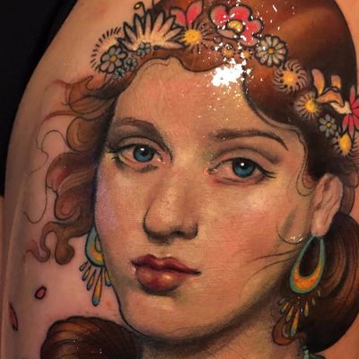 Springtime beauty by Aimee Cornwell #AimeeCornwell #realism #realistic #painting #illustrative #portrait #lady #spring #flowers #jewelry #color #eyes #lips #tattoooftheday