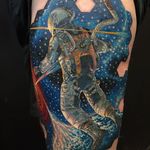 Astronaut space tattoo by Nick Friederich via Instagram #NickFriederich #space #astronaut #galaxy #stars #solarsystem
