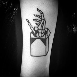 Cool tattoo idea and awesome execution by Kyle Lifetime. #KyleLifetime #blacktattoos #traditionaltattoo #cigarettes #Kill #skeletonhand #traditional #blackwork