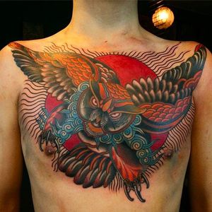 Super coolbowl tattoo by Taco Joe #owl #chestpiece #neotraditional #TacoJoe