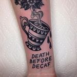 Coffee Cup Tattoo by Tony Talbert #TraditionalTattoos #OldSchoolTattoos #ClassicTattoos #TraditionalTattoo #TraditionalArtists #TonyTalbert #coffeecup