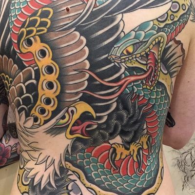Back-piece by Gordon Combs #GordonCombs #traditional #color #eagle #snake #tattoooftheday