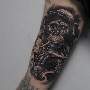 Chimpanzee Tattoo by Edgar Ivanov #Chimpanzee #BlackandGrey #BlackandGreyRealism #BlackandGreyTattoos #PortraitTattoos #Realism #EdgarIvanov