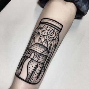 Cabin in the woods, in a jar, by James Armstrong. (via IG—james_armstrong_hmt) #minimalistic #linework #illustrative #blacktattoo #jar #jamesarmstrong