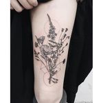 Garden-inspired tattoo by Pony Reinhardt. #PonyReinhardt #blackwork #woodcut #linework #garden #flower #plant #geometric