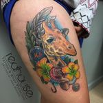 Styled realism giraffe tattoo by Jess Rocha. #neotraditional #styledrealism #giraffe #flowers #JessRocha