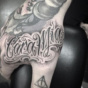Lettering Tattoo by @porkydukecityink #lettering #script #handtattoos