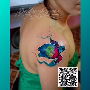 Bright and colorful turtle tattoo by Debbie Ripper. #watercolor #DebbieRipper #turtle #seacreature #colorful