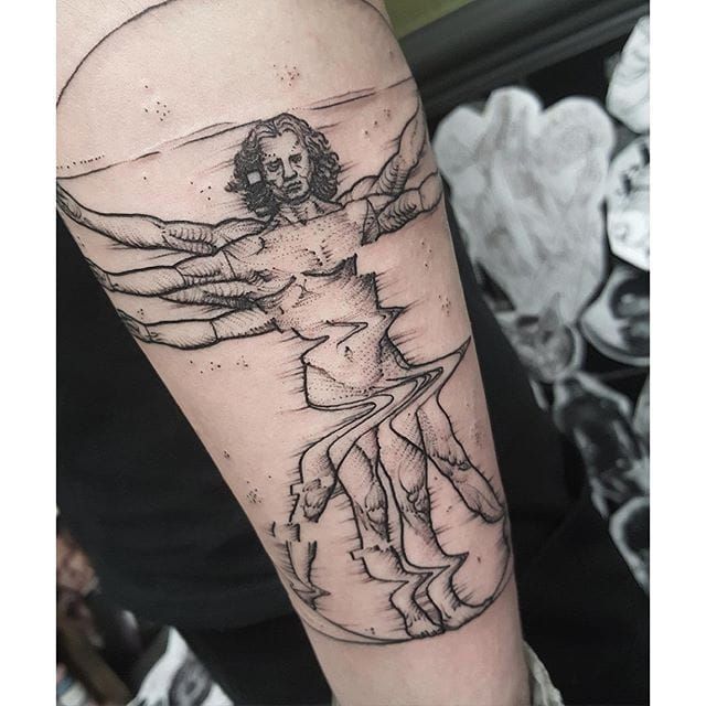 Tattoo uploaded by Xavier • Glitch Virtuvian man tattoo by Max Amos. #MaxAmos #blackwork #glitch #pointillism #dotwork #davinci #LeonardodaVinci #virtuvianman #fineart • Tattoodo