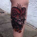 Satanic Ram tattoo by Will Geary #traditional #traditionaltattoo #boldtattoos #satanicramtattoo #ramtattoo #ram #WillGeary