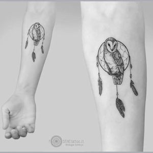 Owl tattoo by Mindaugas Bumblys #MindaugasBumblys #geometric #nature #blackwork #owl #dreamcatcher