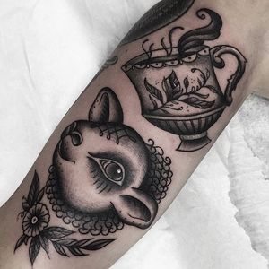 Traditional black and grey lamb and teacup tattoo by Cheyenne Gauthier. #traditional #blackandgrey #CheyenneGauthier #lamb #sheep #tea #teacup