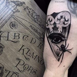 Blackwork planchette tattoo by Ryan Murray. #RyanMurray #blackwork #dark #macabre #blackveilstudio #planchette #occult #ouija