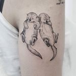 Blackwork otter couple holding hands. Tattoo by Phoebe Hunter. #blackwork #linework #dotwork #otter #PhoebeHunter