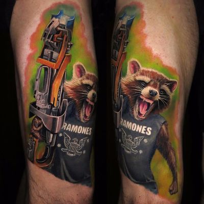 Rocket goes punk by Jamie Schene #JamieSchene #realism #realistic #hyperrealism #color #guardiansofthegalaxy #rocketraccoon #marvel #movie #raccoon #fur #gun #scifi #ramones #punk #tattoooftheday