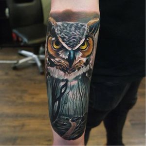 Double exposure owl tattoo by Jordan Croke #JordanCroke #realistic #doubleexposure #owl