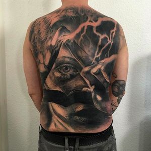 Brutal looking backpiece tattoo by #JakConnolly #tattoo #art #jakconnollyart #triangle #girl